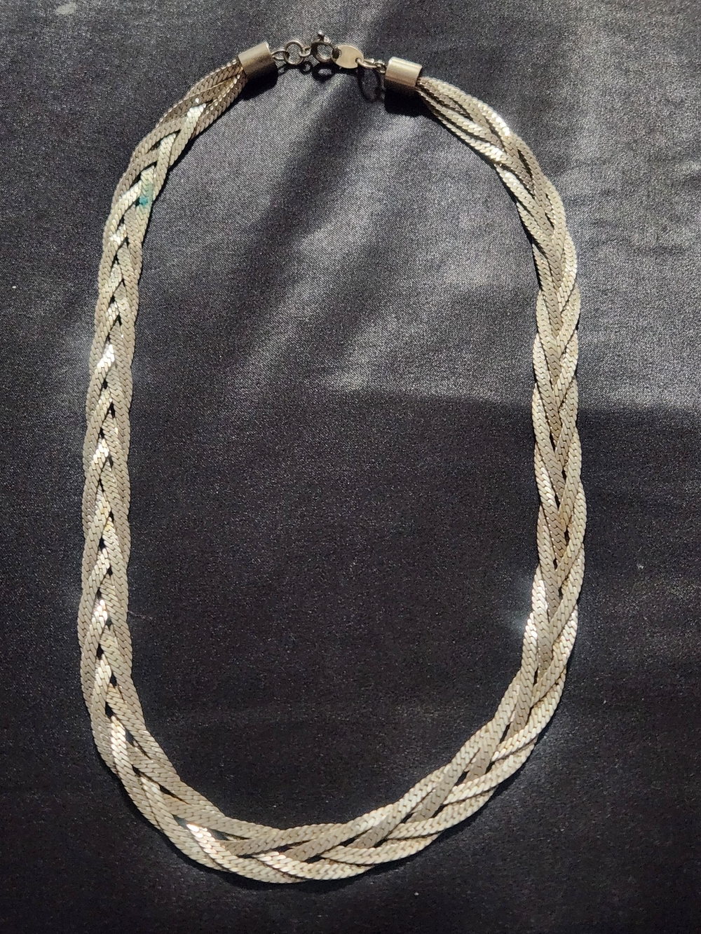 Vintage Braided Liquid Silver Tone Herringbone Chain Statement Necklace